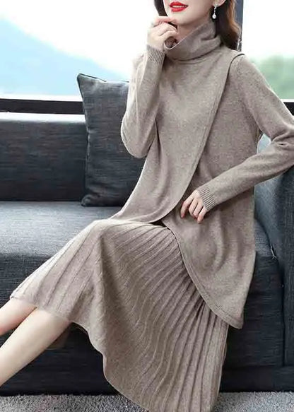 New Blue Turtleneck Tops and Skirts Wool Knit Two-piece Set Winter