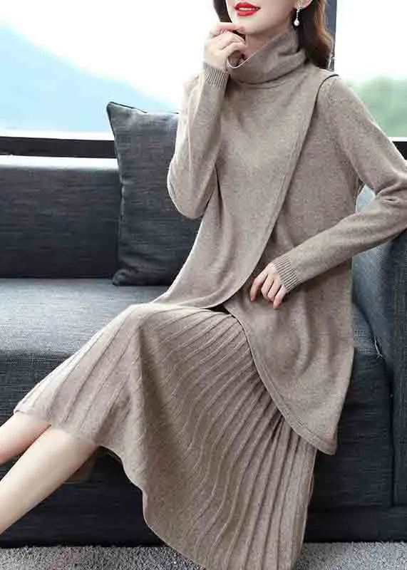 New Blue Turtleneck Tops and Skirts Wool Knit Two-piece Set Winter