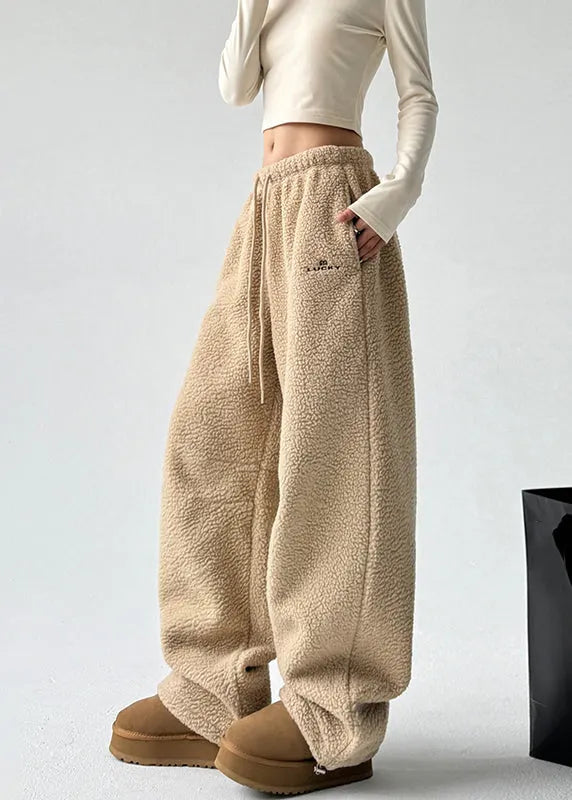 Yellow Pockets Drawstring Faux Fur Thick Trousers Spring
