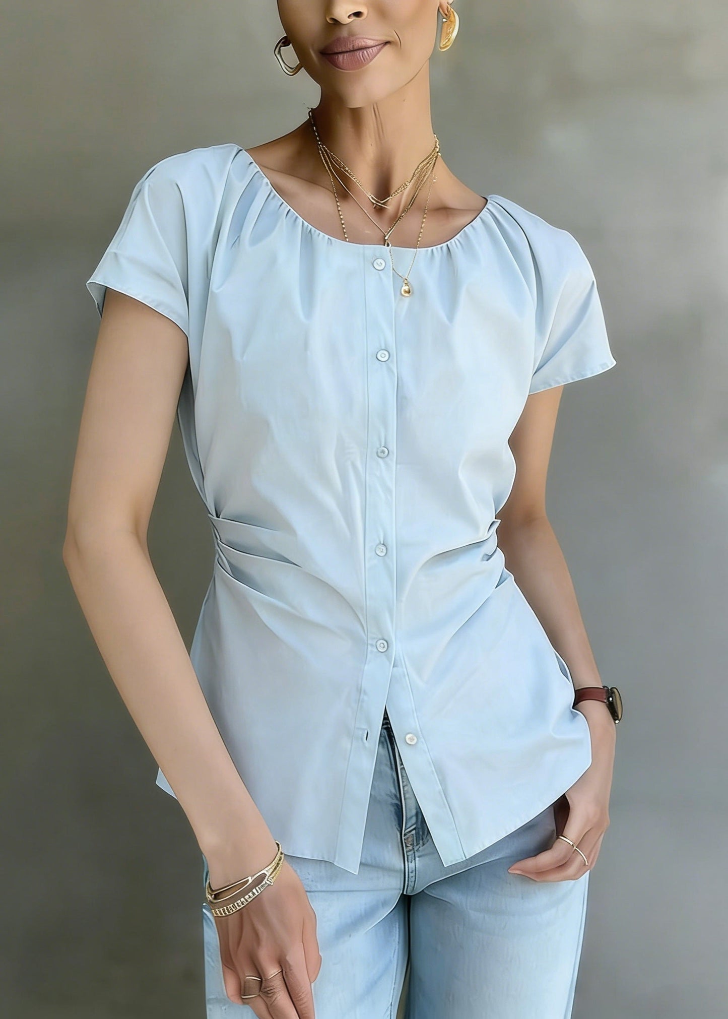 Blue O Neck Wrinkled Button Cotton Shirt Summer