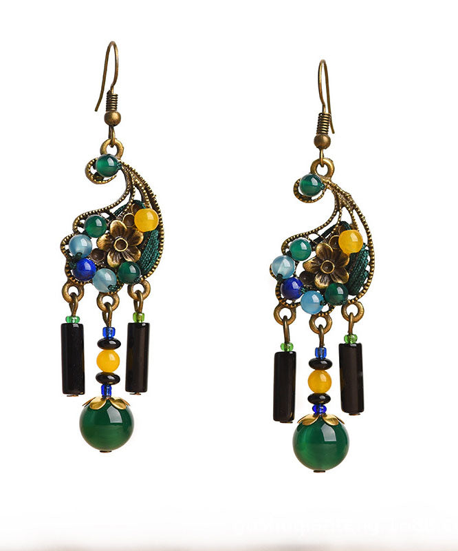 Peacock Green Agate Metal Drop Earrings