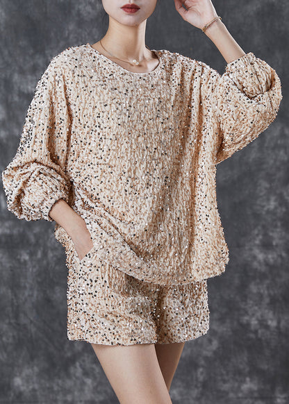 Handmade Khaki O-neck Sequins Silk Velour Two-piece Set Spring
