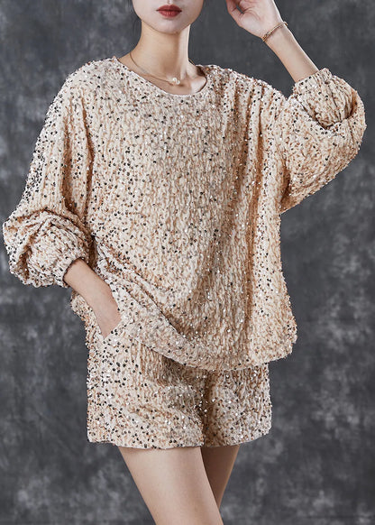 Handmade Khaki O-neck Sequins Silk Velour Two-piece Set Spring