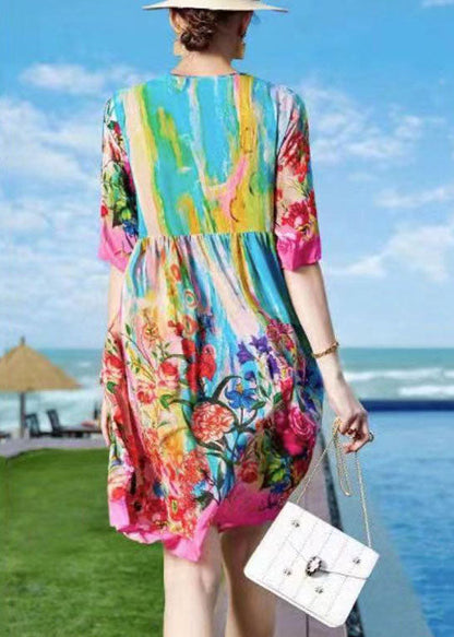 Rose O-neck Print Patchwork Silk Beach Dresses Short Sleeve