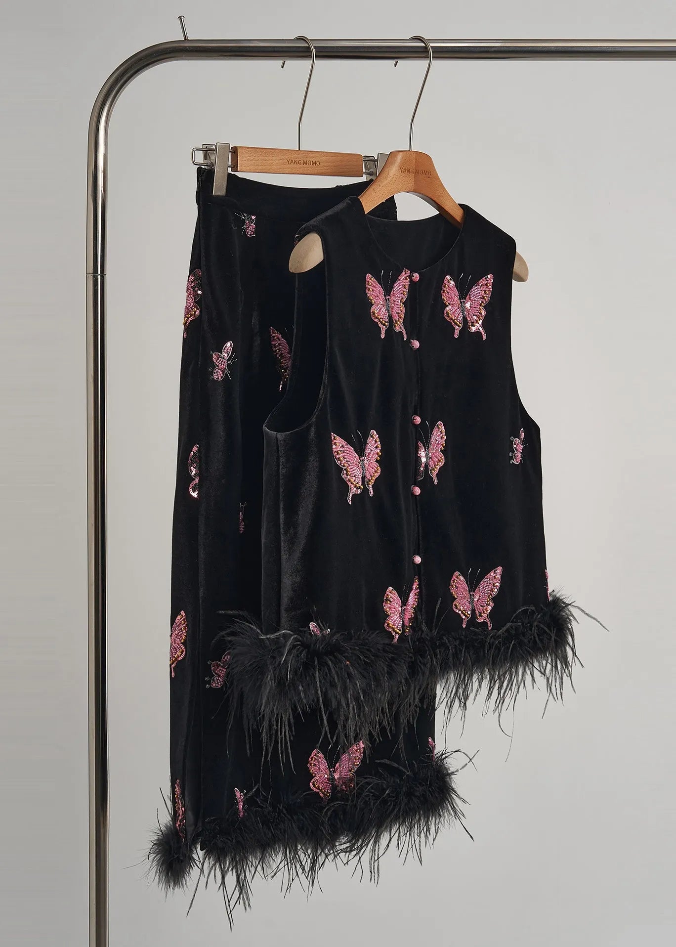 Black Butterfly Patchwork Feather Silk Velvet Two Piece Set Clothing Fall