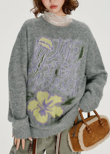 Loose Grey O Neck Thick Jacquard Knit Sweater Tops Winter