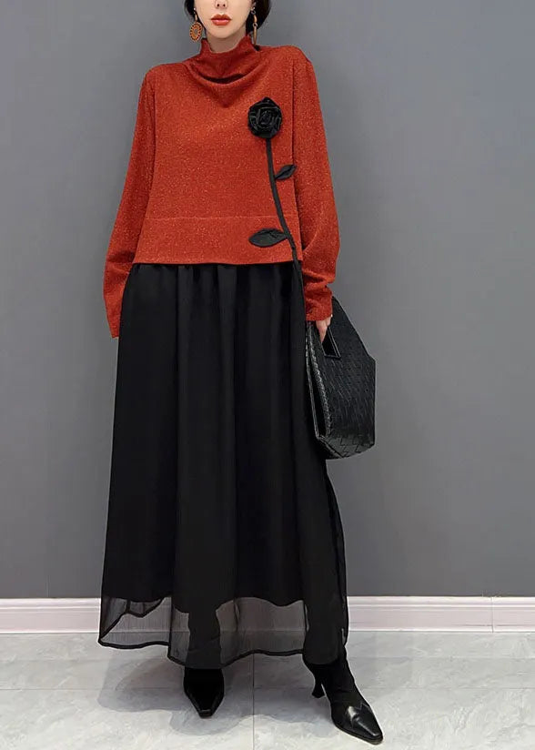 Red Turtle Neck Patchwork Tulle Fake Two Piece Dresses Spring