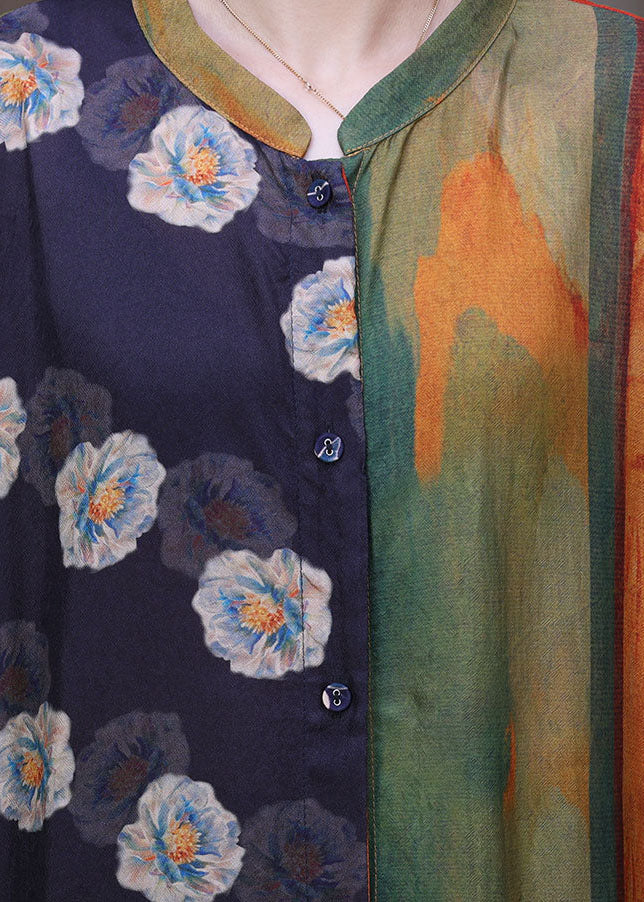 Colorblock Print Patchwork Low High Design Silk Two Pieces Set Summer