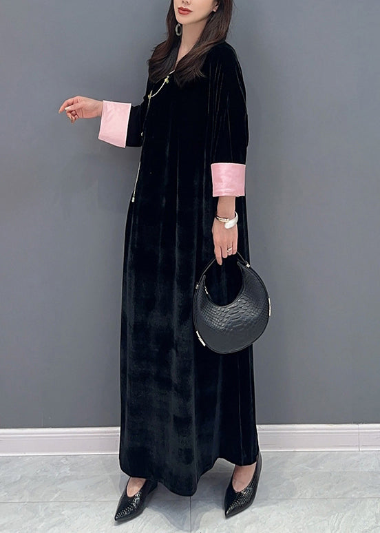 Black Lace Up Side Open Patchwork Velour Long Dress Fall