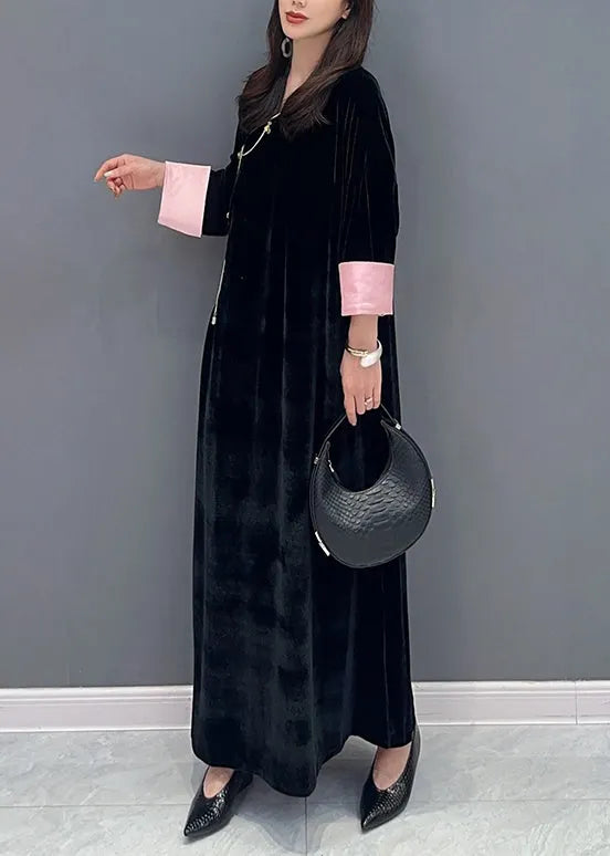 Black Lace Up Side Open Patchwork Velour Long Dress Fall