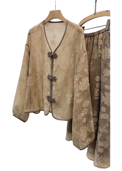 Khaki V Neck Print Chinese Button Silk Sets 2 Pieces Fall