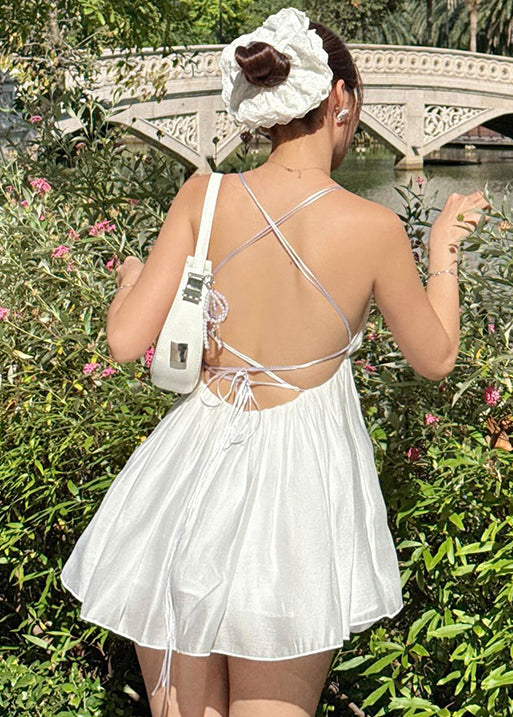 White Backless Lace Up Cotton Mini Dresses Summer