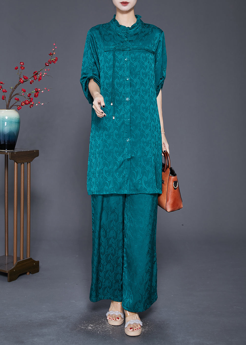 Green Ruffled Tasseled Silk Sets 2 Pieces Fall