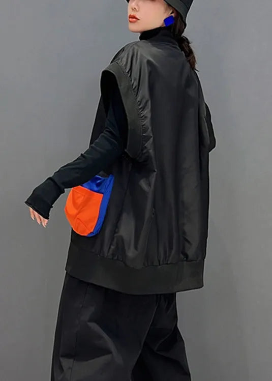 Black O-neck Zippered Patchwork Button Thick Waistcoat Sleeveless