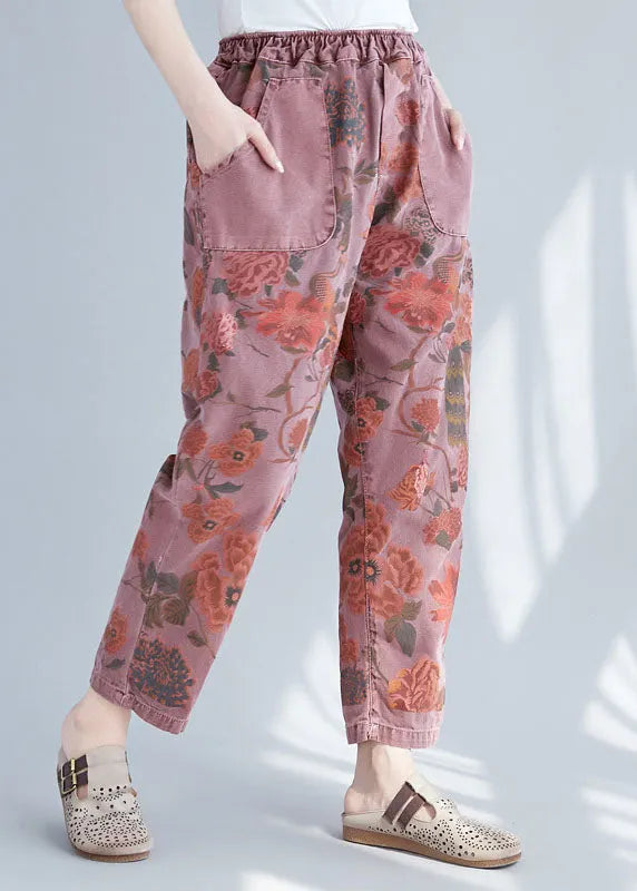 Brick Red Elastic Waist Print Cotton Denim Pants Spring