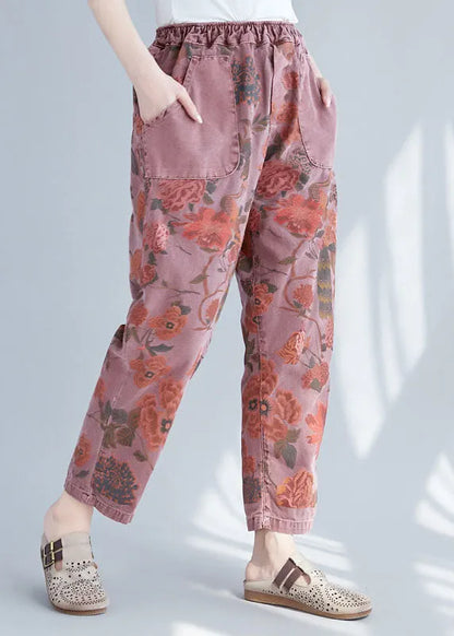 Brick Red Elastic Waist Print Cotton Denim Pants Spring