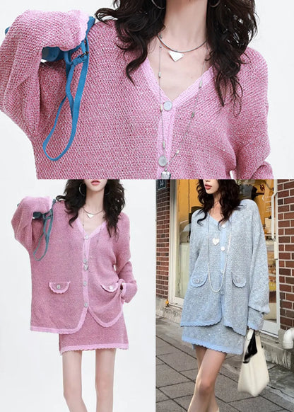 Unique Grey Oversized Patchwork Knit 2 Piece Outfit Spring