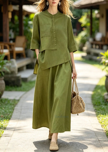 Green Asymmetrical Top and Skirts Cotton 2 Piece Outfit Summer
