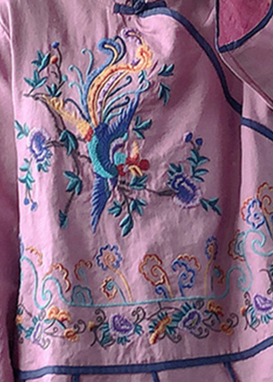 Classy Purple Stand Collar Embroideried Linen Top Long Sleeve