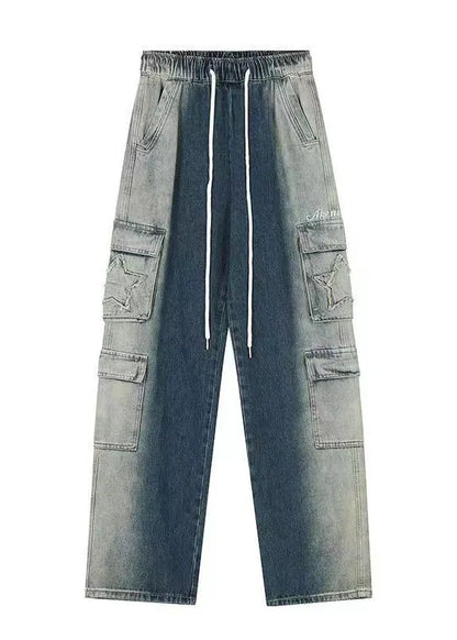 Blue Gradient Pockets Drawstring Elastic Waist Denim Pants Spring
