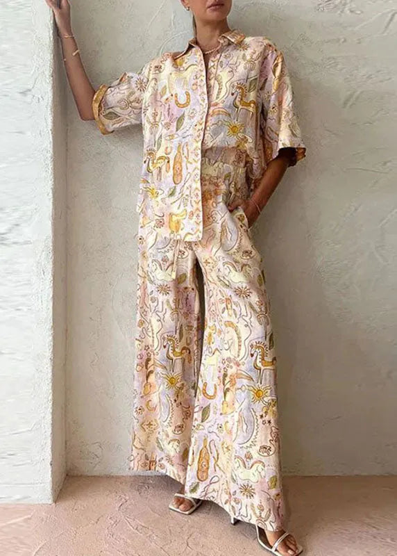 Print Shirts and Wide Leg Pants Two Pieces Set Summer