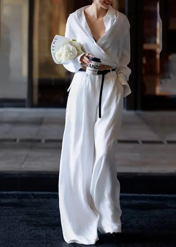 Natural White Peter Pan Collar High Waist Linen Shirts and Pants Two Pieces Set Long Sleeve