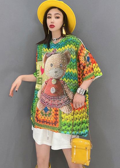 Modern Colorblock Multi O-neck Bear Print Cotton Tanks Tops Short Sleeve