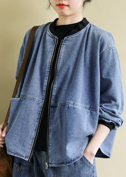 Blue O-neck Patchwork Zippered Denim Coats Spring