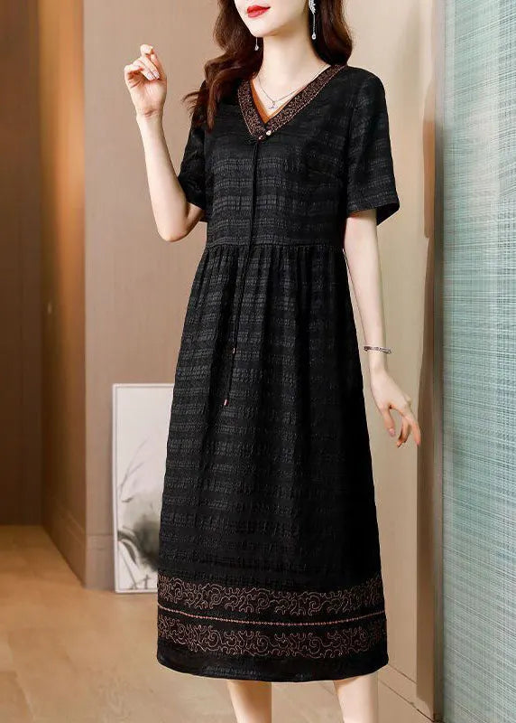 Black V Neck Wrinkled Silk Long Dress Summer