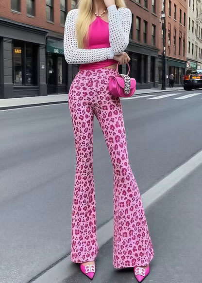 Rose Tummy Control Leopard Print Cotton Flared Trousers Summer