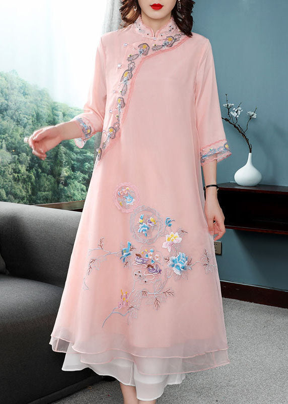 Pink Chiffon Chinese Style Dresses Chinese Button Embroideried Bracelet Sleeve Summer