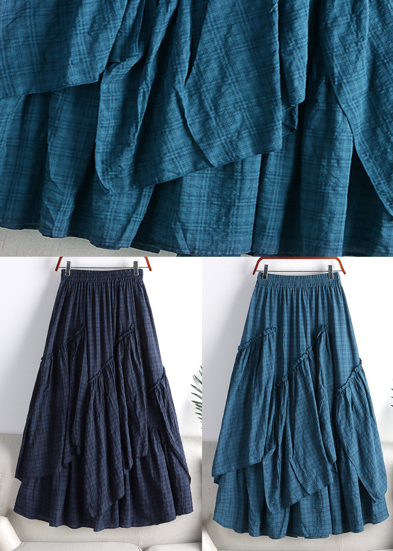 Light Blue Asymmetrical Plaid Patchwork a Line Skirt Spring