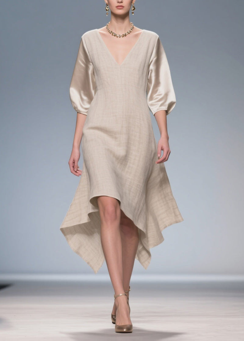 V Neck Patchwork Linen Silk Dress Summer