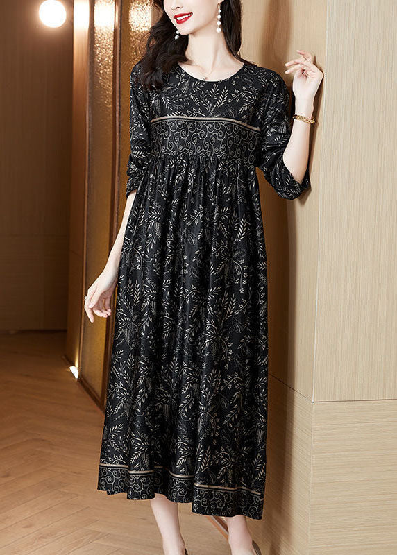 Black O-neck Print Silk Robe Dresses Spring