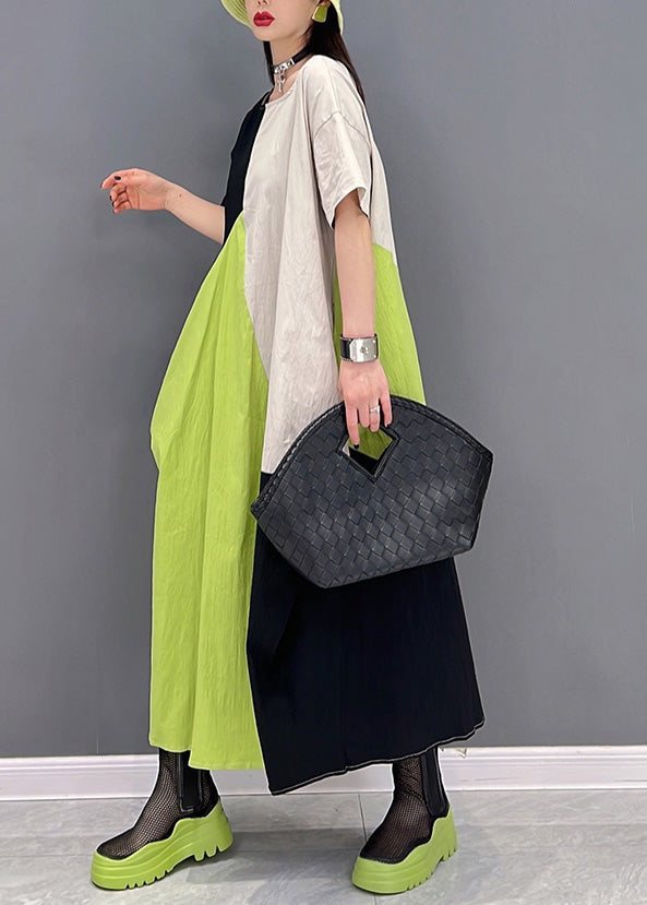Simple White Green O-neck Patchwork Long Dresses Short Sleeve
