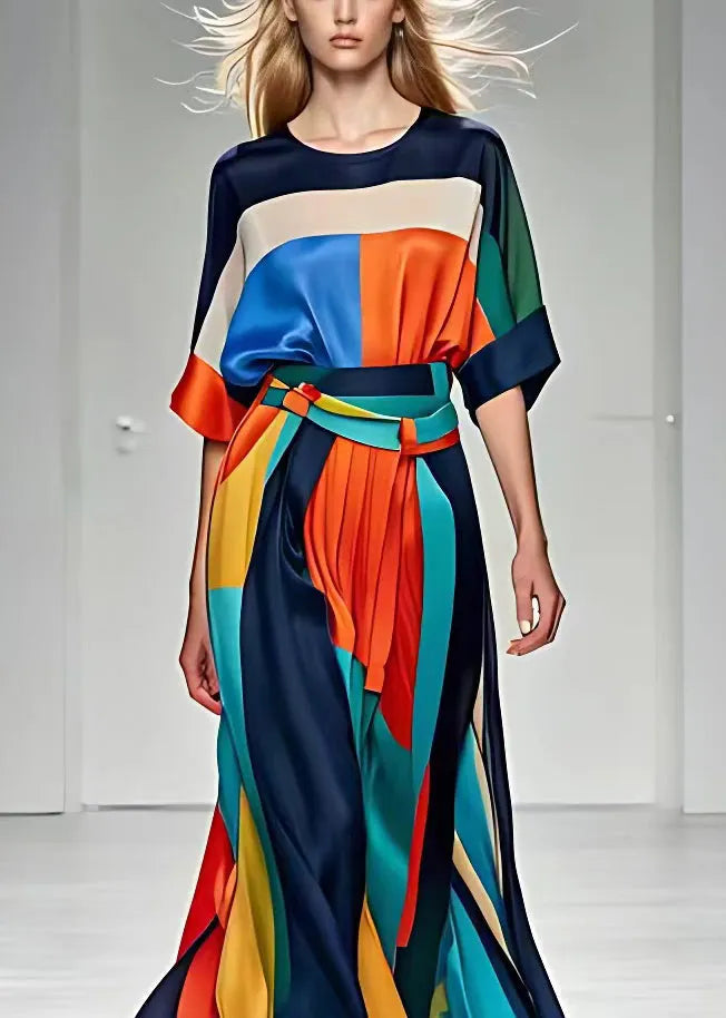 French Print Tops and High Waist Skirts Silk Dress Half Sleeve