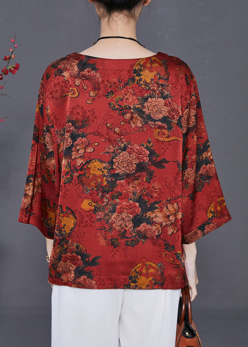 Red Print Loose Silk Shirt Top O-neck Summer