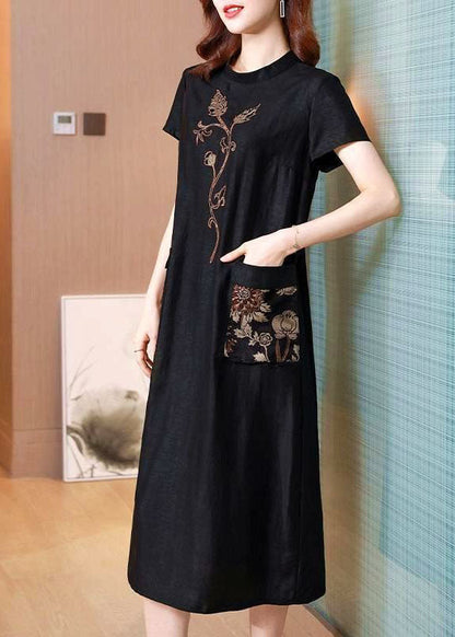 Black Stand Collar Embroideried Pockets Silk Dresses Summer