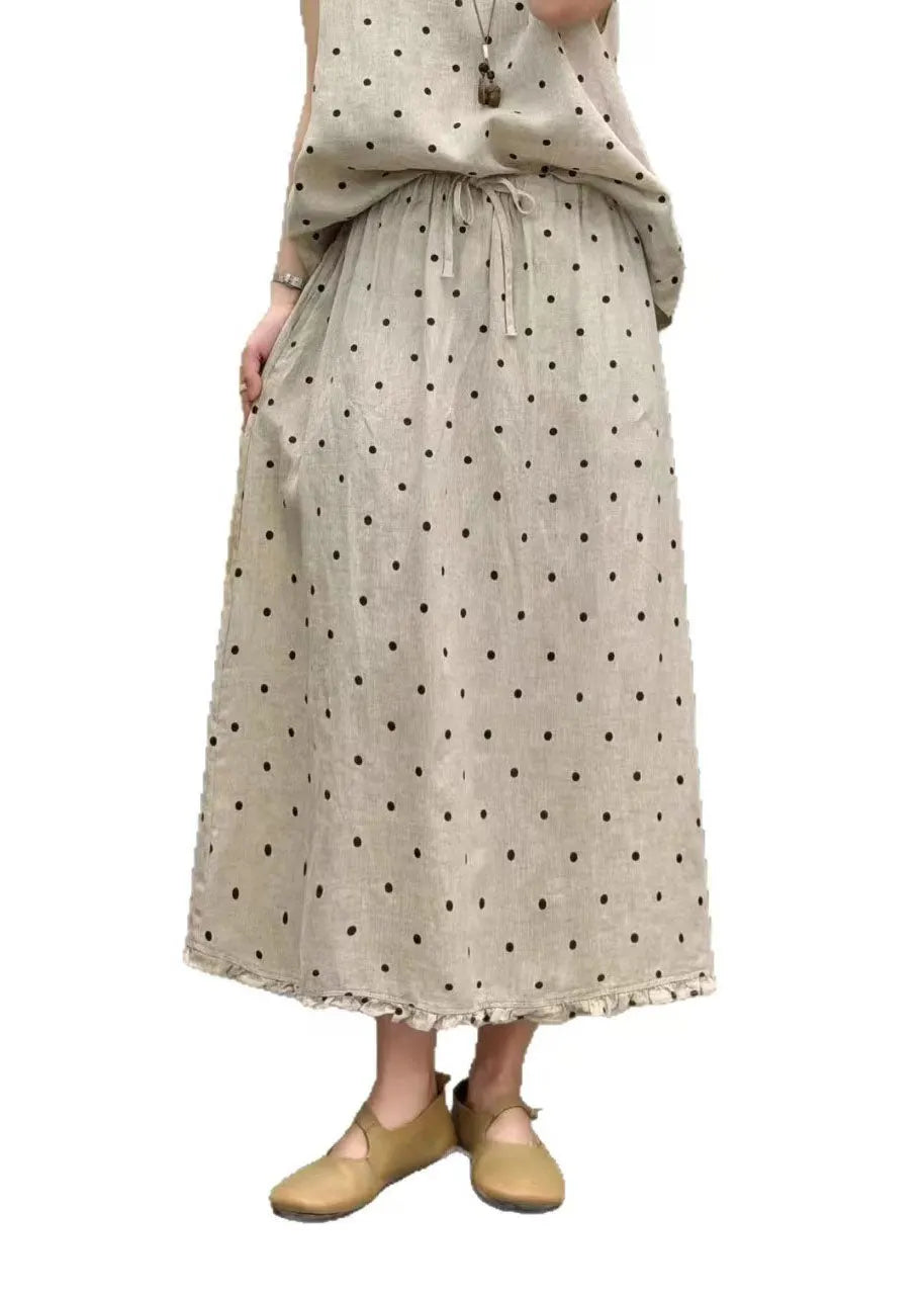 Boutique Coffee Dot Ruffled Pockets Patchwork Linen Skirts Summer