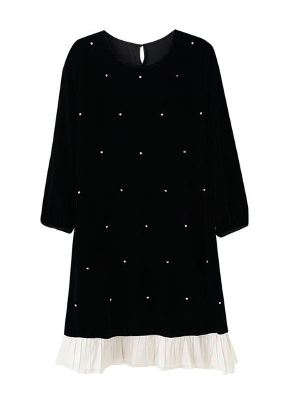 French Black O Neck Zircon Patchwork Velour Dresses Long Sleeve