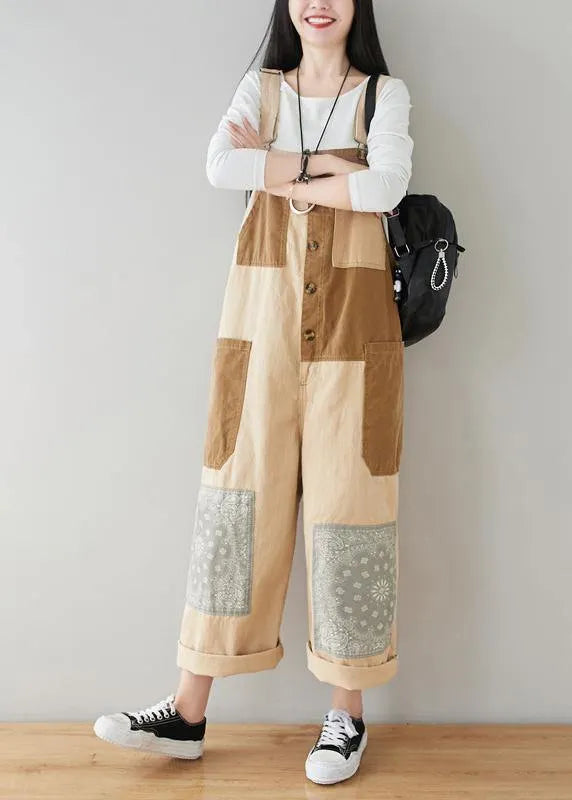 Beige Patchwork Jeans Jumpsuit