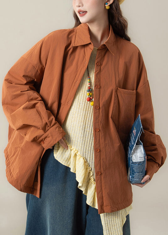 Orange Peter Pan Collar Pockets Cotton Filled Coats Spring