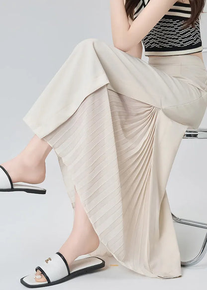 French Beige High Waist Draping Chiffon Pleated Skirt Fall