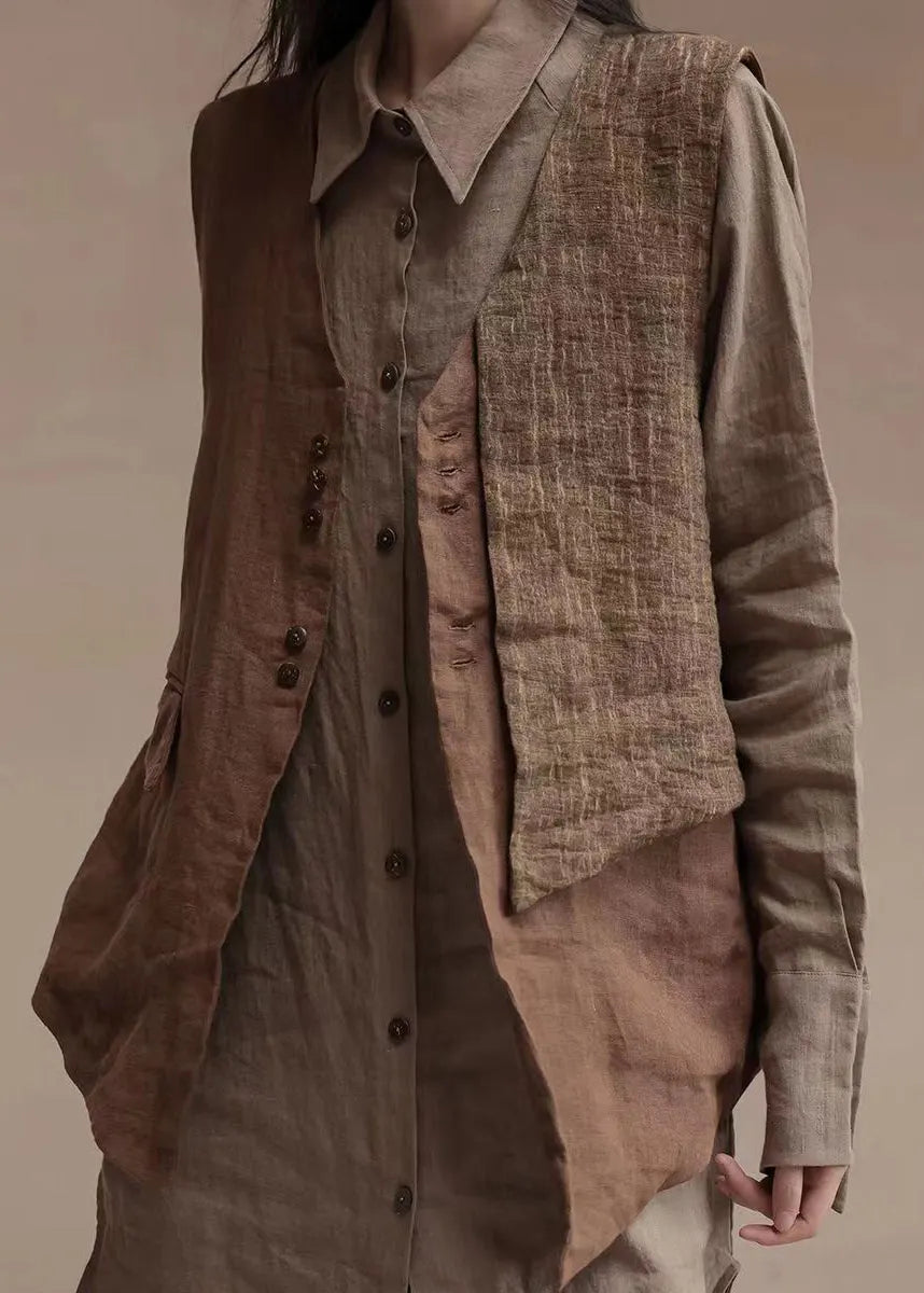 Brown V Neck Asymmetrical Design Patchwork Linen Waistcoat Top Sleeveless