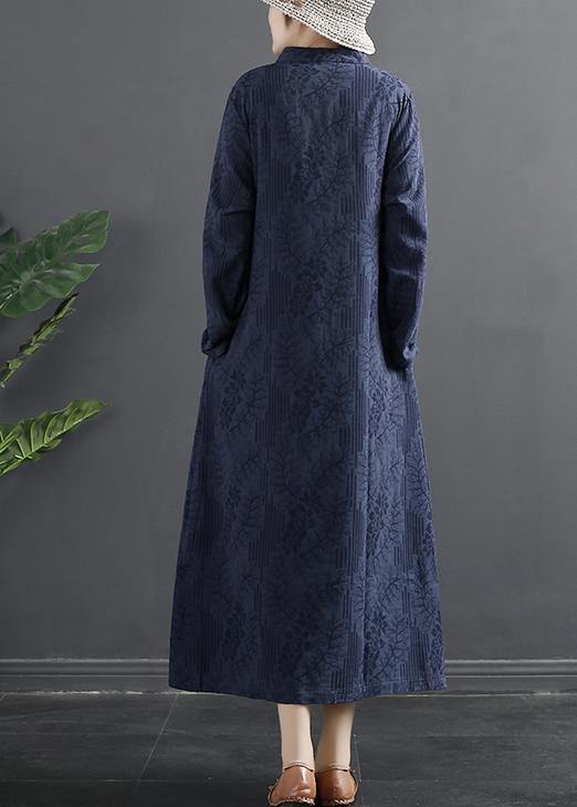 Stand Collar Dress Blue Jacquard Maxi Dresses