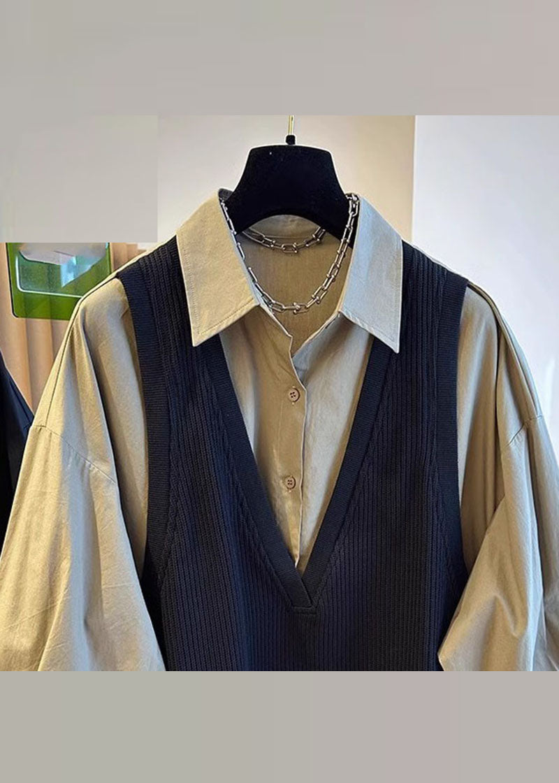Khaki Peter Pan Collar Patchwork Button Fake Two Pieces Shirts Fall