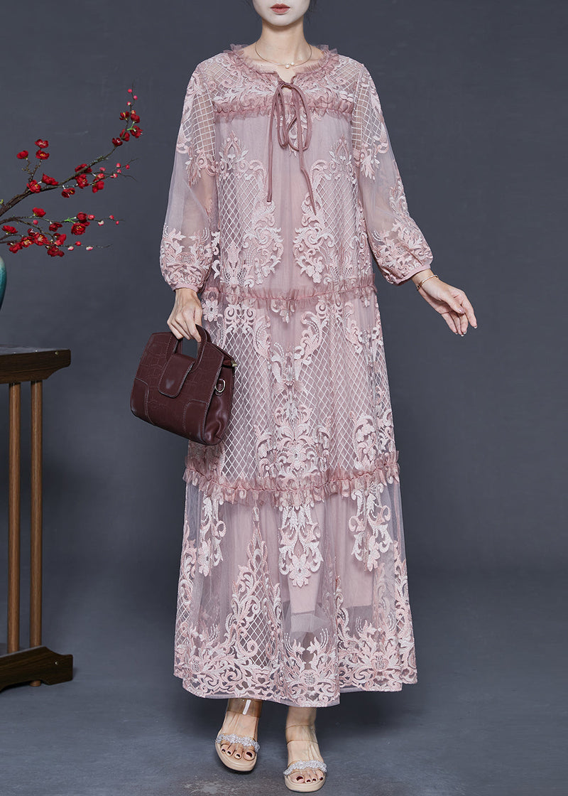 Pink Print Patchwork Tulle Long Dresses Spring