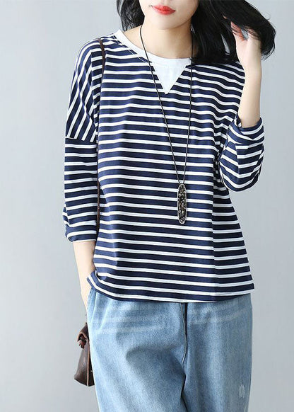 Navy Oversized Patchwork Striped Cotton Top Spring