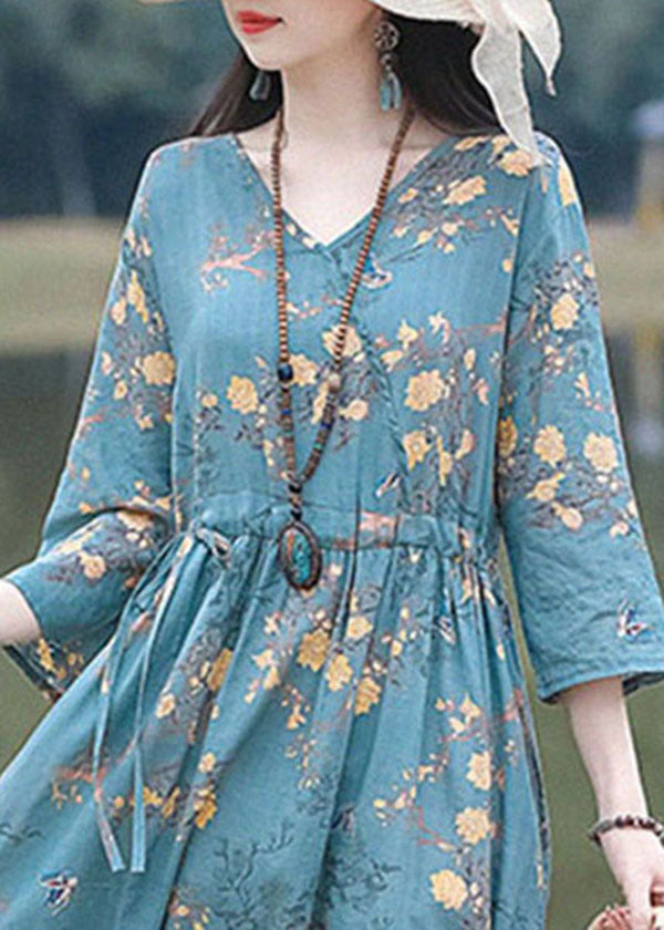 Blue Print Cotton Linen Holiday Dress Drawstring Exra Large Hem Bracelet Sleeve Summer