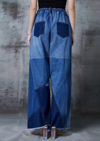Blue Asymmetrical Patchwork Denim Pants Spring
